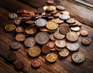 Old and modern coins scattered on a wooden table., generative IA
