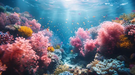 Obraz premium A serene underwater scene with pastel coral reefs, fish, and sea creatures in soft hues of pink, blue, yellow, and green. Clear blue water illuminated by gentle sunlight. Wide-angle shot, hd quality,