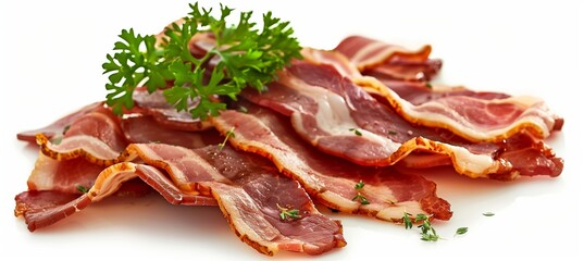 Sliced bacon isolated on a white background, close-up photography with copy space.
