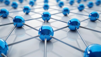 3D network of blue spheres connected by silver wires on a white background