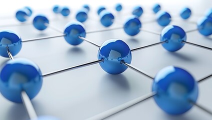 A network of blue spheres connected by silver wires on a white background