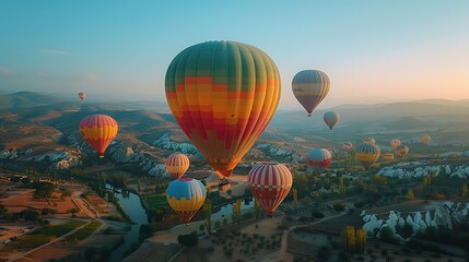 Fototapeta premium A tranquil balloon festival with hot air balloons in pastel colors of pink, blue, yellow, and green, floating gracefully over a picturesque landscape under a clear sky. Wide-angle shot, hd quality,
