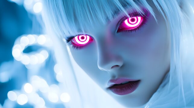 Futuristic Cyborg Portrait with Glowing Pink Eyes in Blue Tones
