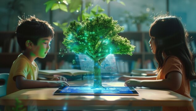 Two children sitting at a table in a classroom, using a tablet and a hologram tree with green leaves.