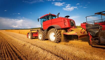 Obraz premium Red Tractor in Action The Golden Crop, generative IA