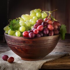 Rustic bowl with red and green grapes., generative IA