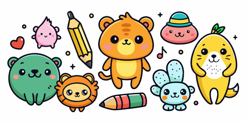 Cute doodle icon set, baby animals sticker, vector cartoon crayon hand drawn kawaii characters. Funny kids illustration kit, pen line scribble sketches, playful color bee, cat, bear, star. Cute doodle