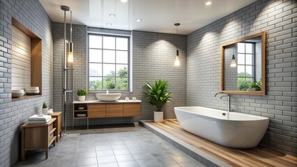 Modern bathroom features sleek grey tile flooring, contrasting with crisp white subway tiles on the walls, creating a serene and sophisticated ambiance.