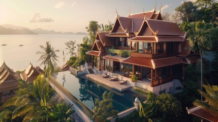 Obraz premium A luxurious tropical villa with an infinity pool overlooking a serene ocean bay at sunrise.