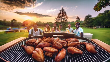 Singe chicken wings on the grill, animated friends and a park full of fun., generative IA