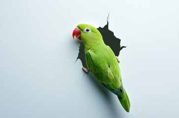 Green parrot bird proudly flying out of white wallpaper, adverising banner, backdrop