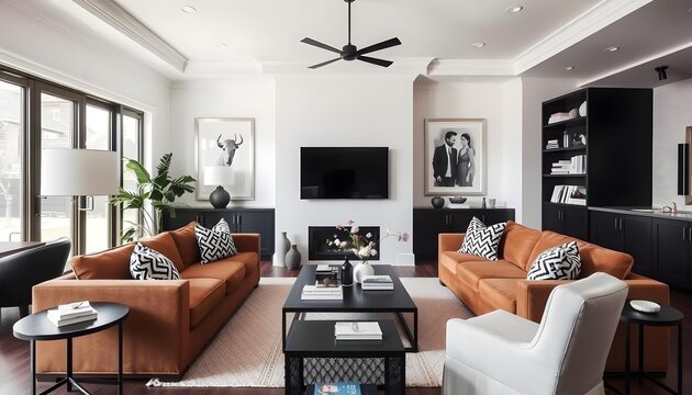 In a mostly black and white interior, a tan sectional ups the coziness. This is one of our favorite dark brown couch living room ideas purely because of how straightforward, yet effective it is. Bonus
