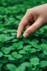 Hand gently touching vibrant green plant leaves, capturing the essence of nature, growth, and nurturing in a serene outdoor garden setting.