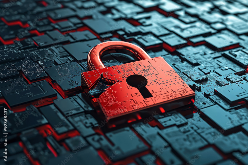 Poster concept of cybersecurity with a red padlock on broken digital circuits symbolizing data protection, 