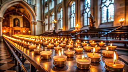 Obraz premium Candles burning in a church , religion, spirituality, worship, holy, sanctuary, candlelight, liturgy, faith, sacred, ceremony