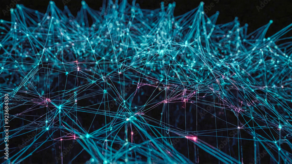 Poster a computer-generated image of an intricate network of glowing blue lines and dots, symbolizing conne