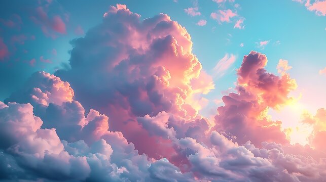 A tranquil scene with a sky full of fluffy clouds in soft pastel colors of pink, blue, and purple, creating a serene and dreamy atmosphere. Wide-angle shot, hd quality, natural look. --ar 16:9 --v 6.0