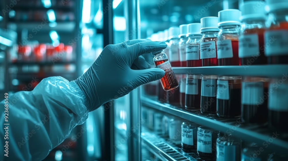 Poster A gloved hand delicately holds a vibrant red vial, surrounded by an array of colorful glass containers in a well-lit laboratory setting