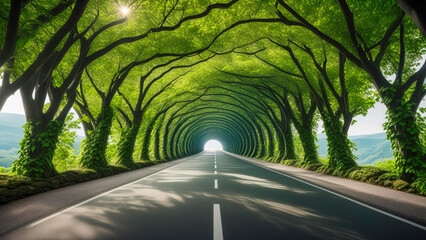 A view of a road with trees on the side forming a tunnel