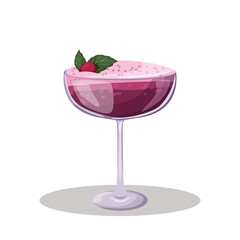 Summer cocktail. Refreshing drink with berries, strawberry and mint in a glass. Beach holidays, summer vacation, party, cafe, bar. Alcoholic cocktail. Isolated vector illustration