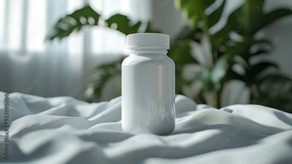 Poster A minimalistic white bottle sits gracefully on a textured surface, basking in soft, ambient light filtering through delicate curtains