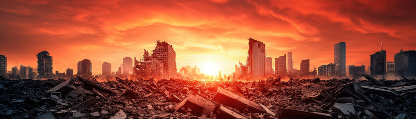 Panoramic view of a devastated urban landscape at sunset, featuring ruined buildings and a fiery sky, symbolizing destruction and desolation.