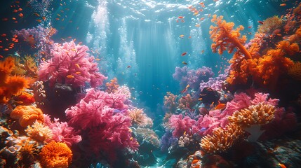 Obraz premium An enchanting underwater scene with pastel-colored coral reefs, fish, and sea creatures swimming in the clear blue water, illuminated by soft sunlight. Wide-angle shot, hd quality, natural look.