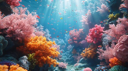 Naklejka premium An underwater scene featuring pastel-colored coral reefs and diverse sea creatures in clear blue water. Soft sunlight filters through, enhancing the tranquil and enchanting atmosphere.