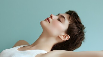 Obraz premium Beautiful Caucasian Woman in Peaceful Contemplation Against Soft Teal Background