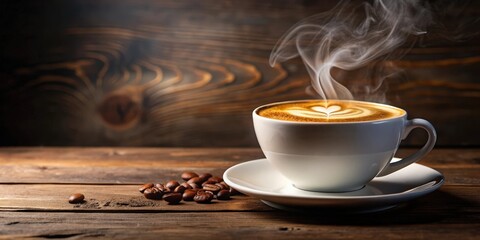 Fototapeta premium Close up of a steaming hot cup of coffee with smooth foam on top, coffee, beverage, drink, cafe, morning, aroma