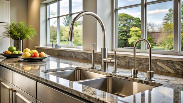 Modern kitchen features a sleek bridge faucet with curved spout and lever handles, mounted on a granite countertop with a stainless steel sink.