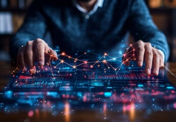 businessman using AR to visualize real-time data on a digital workspace, with connection lines linking different data points