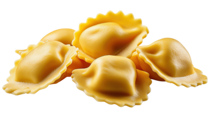 A close-up of cooked cheese-filled ravioli cut out transparent isolated on white background PNG