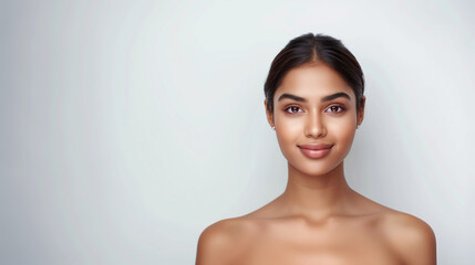 A beautiful young Indian woman with smooth skin and neatly tied black hair gazes ahead, exuding elegance and charm in an off-shoulder top.