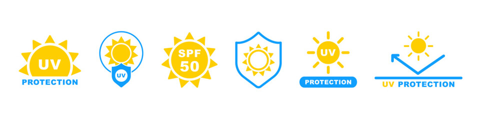 UV protection sign. Spf cream vector set. Sun light ultraviolet logo. Uv rays protect icon