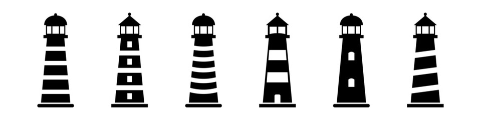 Lighthouse icon. Light house vector set. Shore light beacon. Isolated lighthouse silhouette.