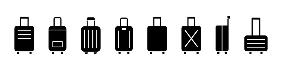Check in baggage. Airport bag vector set. Baggage icon. Flight trip case sign.