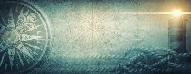Old sea compass, lighthouse and sea knot on abstract map background. Pirate, explorer, travel and nautical theme grunge background. © Tryfonov