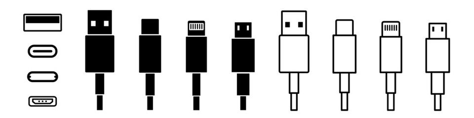 Usb port vector set. Type a sign. Lightning symbol. Type c icon. Usb connection isolated on white background.