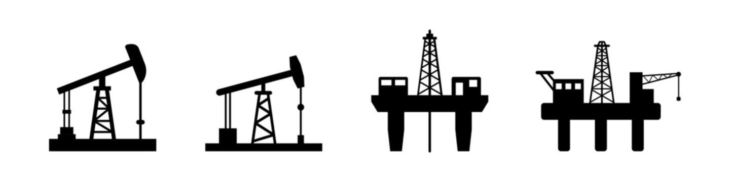 Oil rig sign. Oil drill platform. Crude oil pumping vector set.