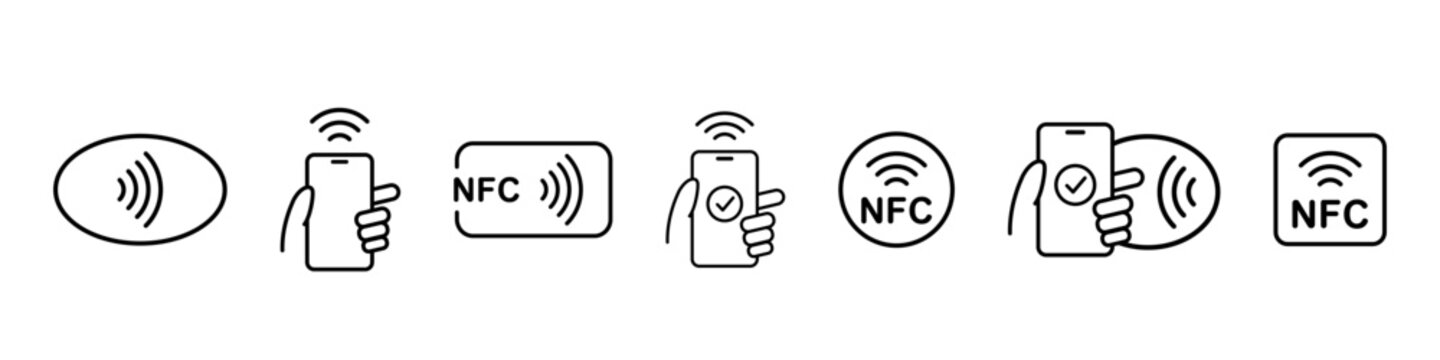 Nfc pay icon. Mobile phone payment. Tap to pay vector set. Cashless card payment. Nfc wireless mobile banking isolated signs.