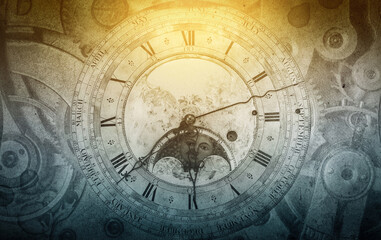 The dials of the old antique classic clocks on a vintage wide paper background. Concept of time, history, science, memory, information. Retro style. Vintage clockwork background.