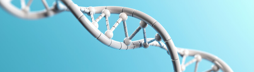 Close-up of a  digital  of a DNA strand on a blue background, depicting genetic science and biotechnology concepts.