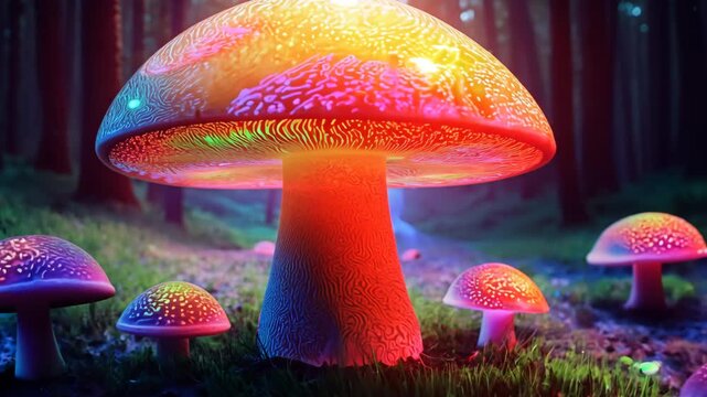 Beautiful Psychedelic Mushroom. Magical Forest. Trippy drugs. Colorful fungus background. Poisonous fly agaric. Toxic multicolor psilocybin mushrooms. Psychoactive food. Neon pink color. Fun trip.
