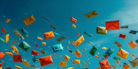 Obraz premium Floating Letters in a Blue Sky: Symbolizing Mailboxes, Good News, and Internet Communication. A Conceptual Scene Reflecting the Intersection of Social Media, Messaging, and Digital Connectivity.