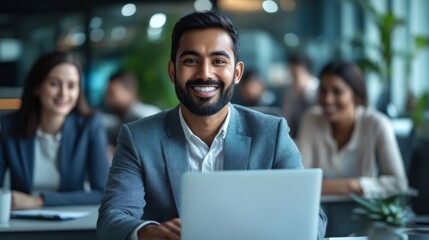 A young man exudes confidence as he engages with colleagues in a vibrant, collaborative office setting, surrounded by plants and natural light
