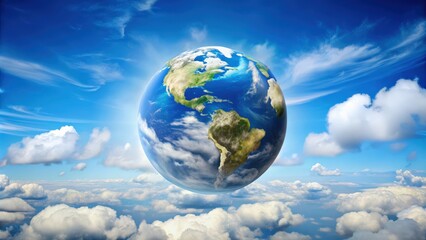 Naklejka premium Earth floating in the sky with fluffy white clouds, earth, sky, clouds, floating, planet, atmosphere, blue, space, aerial