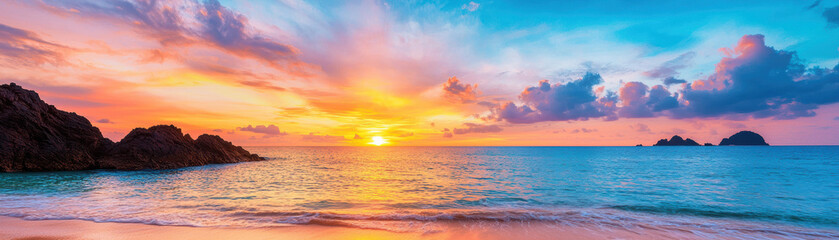 Naklejka premium Stunning panoramic view of a vibrant beach sunset with colorful sky and calm ocean, perfect for relaxation and nature enthusiasts.