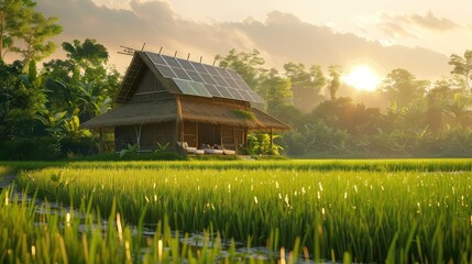 A traditional wooden house sits amongst lush green rice paddies at sunset.  The golden light illuminates the scene creating a peaceful and serene atmosphere.