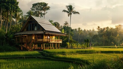 Obraz premium A traditional wooden house stands on stilts in a lush green rice paddy field, surrounded by palm trees and tropical foliage